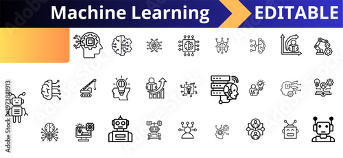 Machine learning technology outline icons set. artificial intelligence, neural network, robotics automation, data analysis, deep learning, innovation system, smart computing