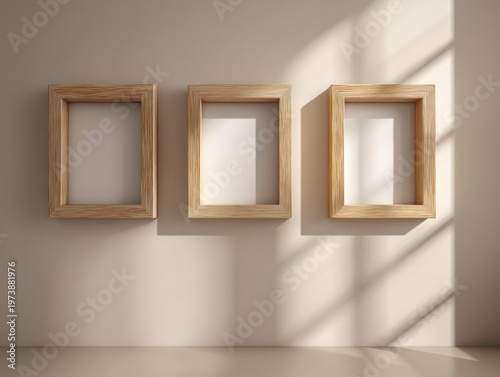 Three empty wooden frames on wall