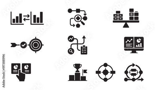 Business strategy and data analysis icons set with strategy analysis business