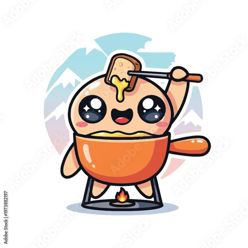 Cartoon character cooking fondue outdoors.