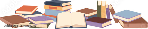 Stack of books and open book on transparent background for education, learning, school, college, university, knowledge.