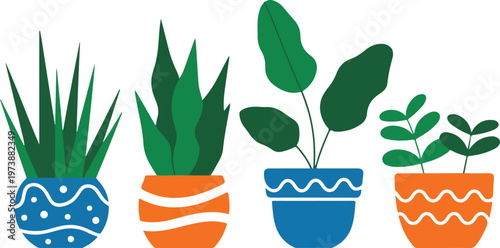 Four potted plants with green leaves in colorful planters on a transparent background for interior decoration.