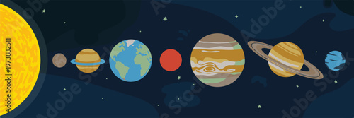 Solar system planets illustration showing sun and various celestial bodies orbiting in dark space with stars and nebula clouds.