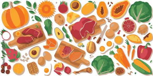 Flat lay illustration with fresh healthy food pumpkin, avocado, meat, salmon, papaya, egg and other organic ingredient.