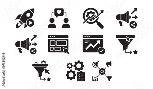 Marketing and strategy icons: launch engagement analytics conversion funnel