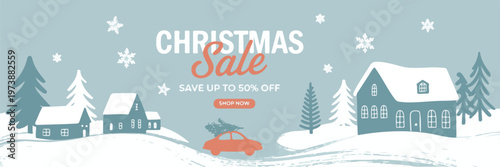 Christmas sale horizontal banner with winter landscape, houses, snow, trees, and car carrying christmas tree for holiday season.