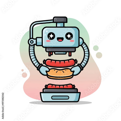 Cute robot holding a hot dog.