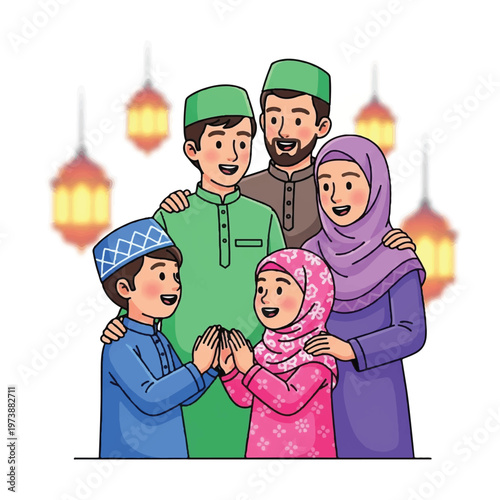 Happy Muslim Family in Traditional Clothing.