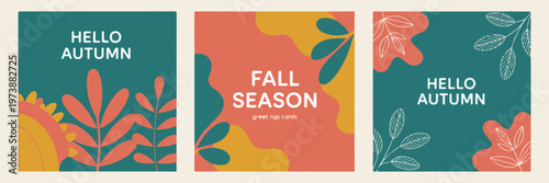 Greeting cards for hello autumn and fall season with abstract organic shapes and botanical leaf illustrations in warm earth colors.
