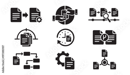 Document processing and workflow icons with pie chart document processing