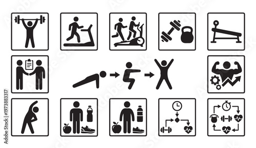 Fitness and exercise icons: weightlifting cardio machines yoga strength training