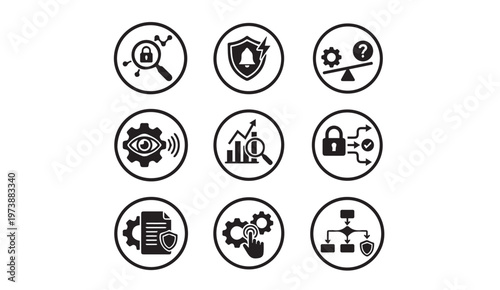 Security and analytics icons collection with security analytics magnifying