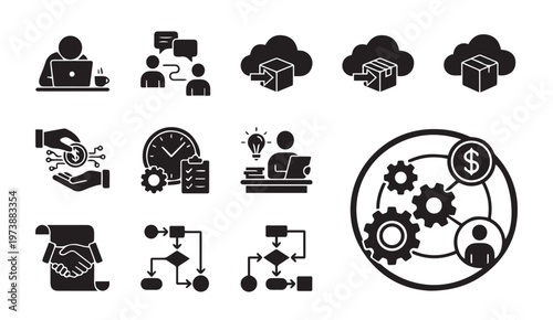 Business process and strategy icons set with business strategy communication