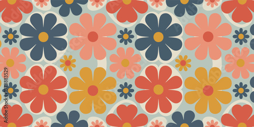 Abstract groovy flower pattern seamless retro 70s floral vector art repeat background with colorful blooms aesthetic vintage.