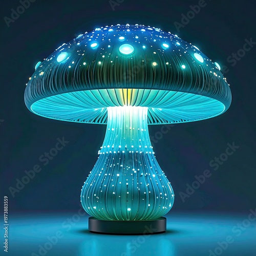 Glowing mushroom lamp with blue light emitting from its cap and stem creating a magical fairy tale fantasy illuminated effect on a dark surface