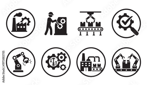 Industrial process and manufacturing icons with industry, manufacturing