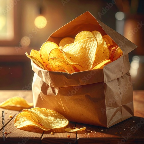 Golden crispy potato chips overflowing from a brown paper bag sitting on a rustic wooden surface with warm inviting light