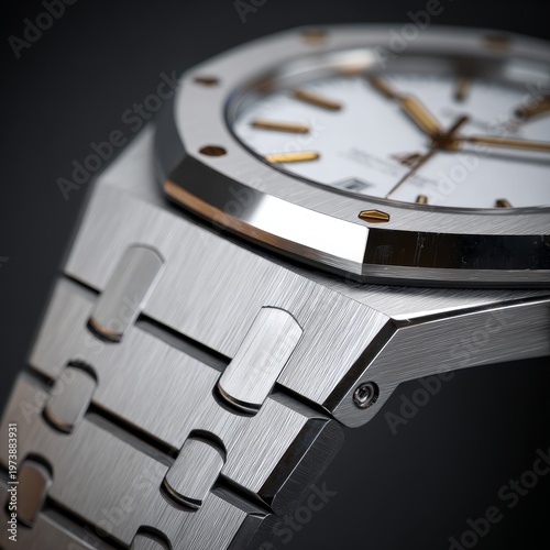Close-up of luxury octagonal stainless steel watch with white dial.