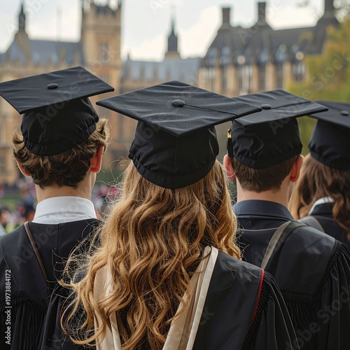 Graduates in graduation gowns and caps seen from behind facing building on campus; academic achievement and university success