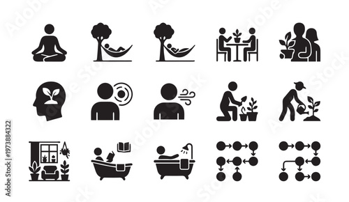 Lifestyle well being self care glyph icons set with lifestyle, relaxation