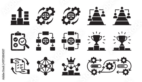 Business achievement process optimization project management icons with business