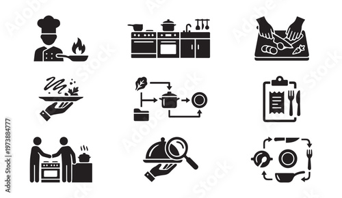 Food service and restaurant business operations glyph icons set with restaurant