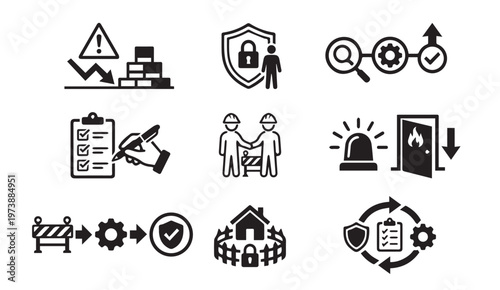 Workplace safety and security risk management glyph icons set with security