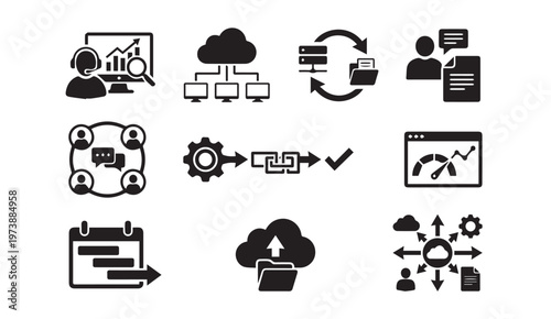 Business technology data management and workflow process icons set with business