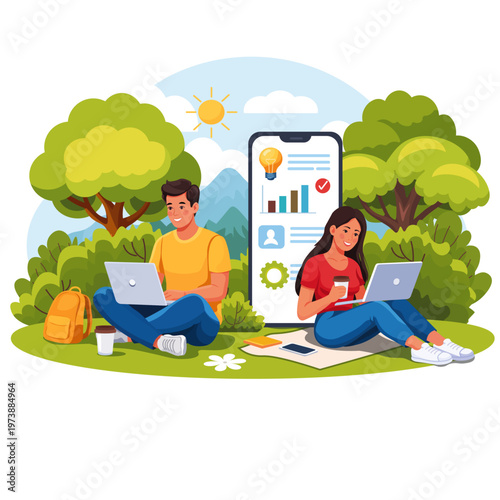Young People Working on Laptops Outdoors with Mobile App Concept”