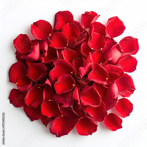 Heap of deep red rose petals scattered in an eye-catching arrangement creating a romantic vibrant floral texture on a white surface