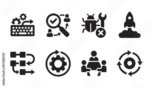 Software development project management and agile process icons with development