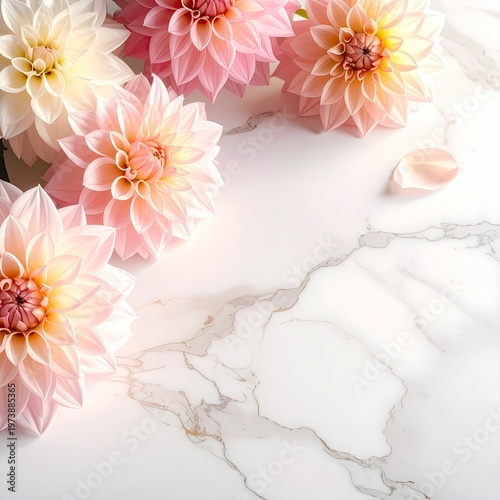 Close-up of pastel dahlia blooms on white marble surface showcasing delicate petals soft lighting and elegant floral arrangement