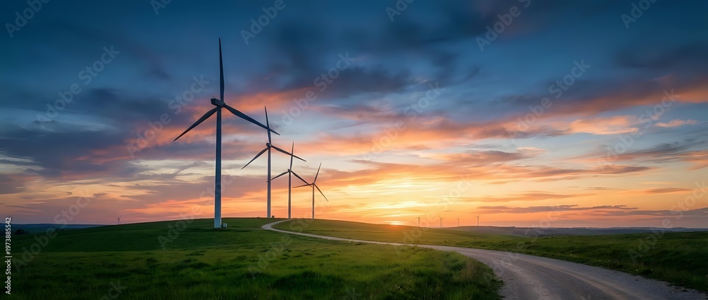 Obraz premium Wind turbines on green field at sunset with dramatic sky and rural road leading to renewable energy farm for sustainable power generation.