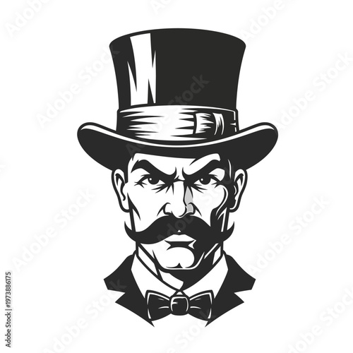 A man with a mustache and top hat stares intently with a stern expression.