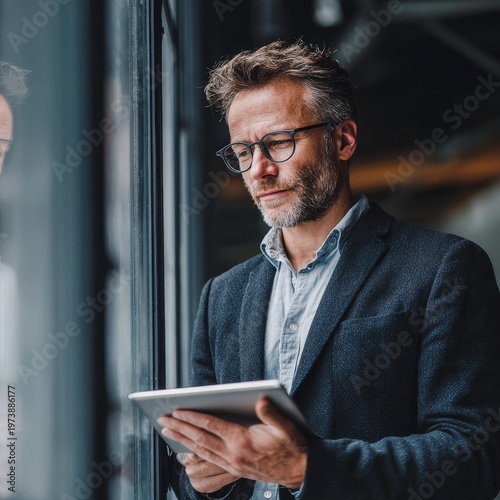 Businessman wearing glasses looking at tablet near window, serious professional man.