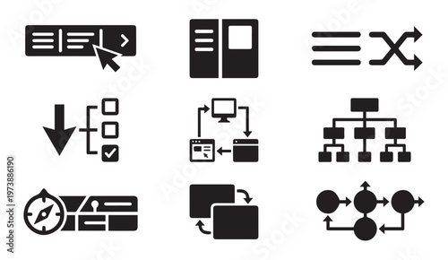 User interface navigation data structure black vector icon set with interface