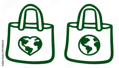 Reusable Eco Bags With Earth And Heart Icons For Sustainable Shopping Concept Vector Illustration