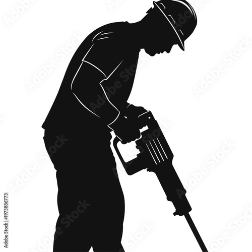 Silhouette of a construction worker using a jackhammer on a white background.