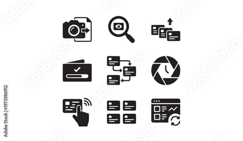 Digital media content management and web analytics icons set with management