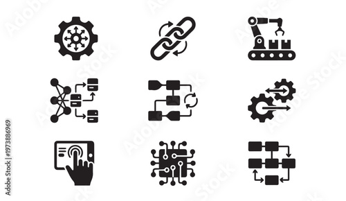 Automation robotics and interconnected systems technology icons set