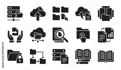 Cloud computing data storage file management network icons set with management