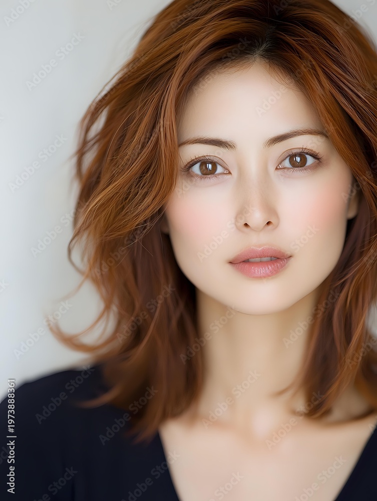 Fototapeta premium Professional portrait of confident Asian woman with shoulder-length brown hair and natural makeup looking directly at camera against neutral background.