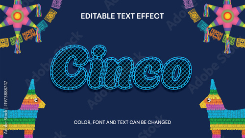 cinco de mayo editable text effect. papel picado text effect with donkey and star pinata