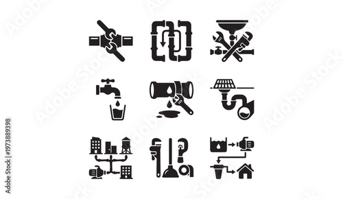 Plumbing repair and water system maintenance service icon set with plumbing
