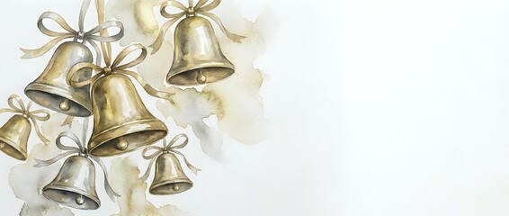 Golden Christmas bells with cream ribbons on watercolor background for holiday greeting cards and festive decorations.