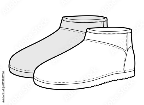 Mini winter boot women sketch pair. Low shaft cozy boot for home lounge casual city outfit. Technical fashion illustration CAD mockup vector man unisex isolated classic style.