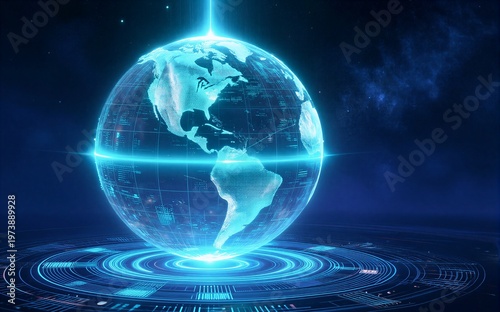 Digital globe floats above glowing tech interface symbolizing global