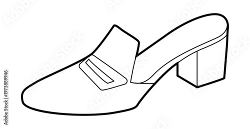 Loafer mule shoe women single sketch. Slip on block heel shoe for workday, coffee run, relaxed wardrobe. Technical fashion illustration, CAD mockup, clean vector men unisex isolated casual style.