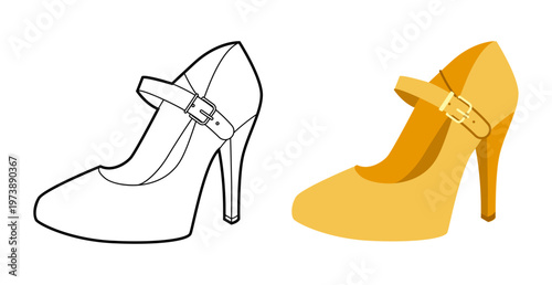 Mary Jane pump women yellow heel flat plus line set. Strap round toe vintage dress footwear for party retro fashion, pinup wardrobe. Technical illustration, CAD mockup vector men unisex isolated style