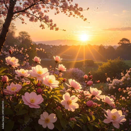 Lush garden blooming with delicate pink flowers at golden sunset hour painting-like scenery with vibrant glow and peaceful atmosphere